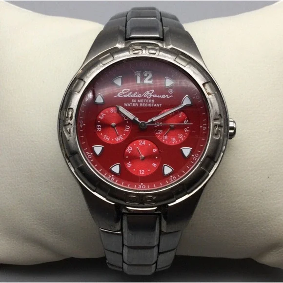 Eddie Bauer Watch Men 40mm Silver Tone Red Dial Carbon Eye New Battery 